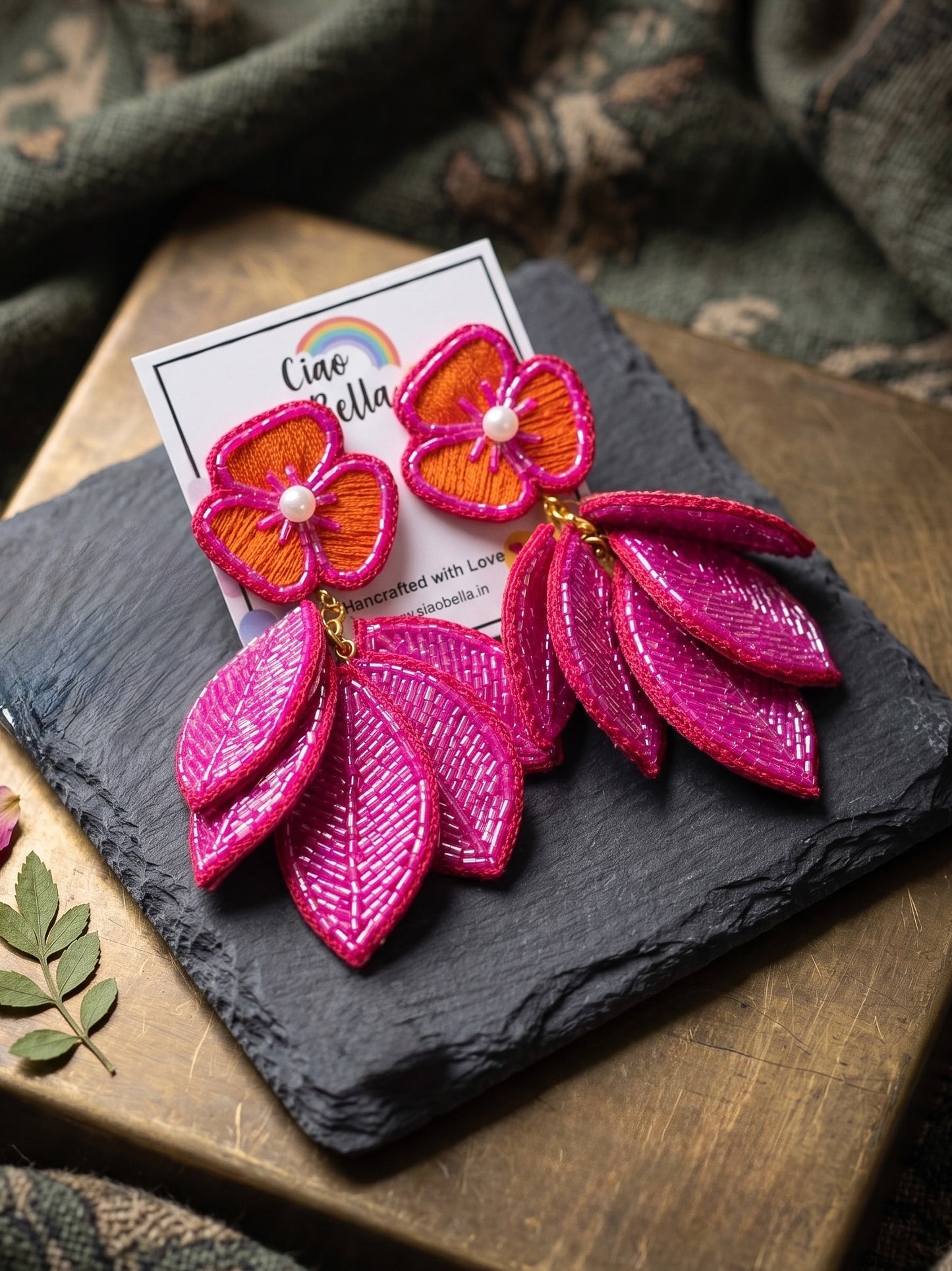 Luxe Leafy Affair Hot Pink Handmade Beaded Butterfly Earrings