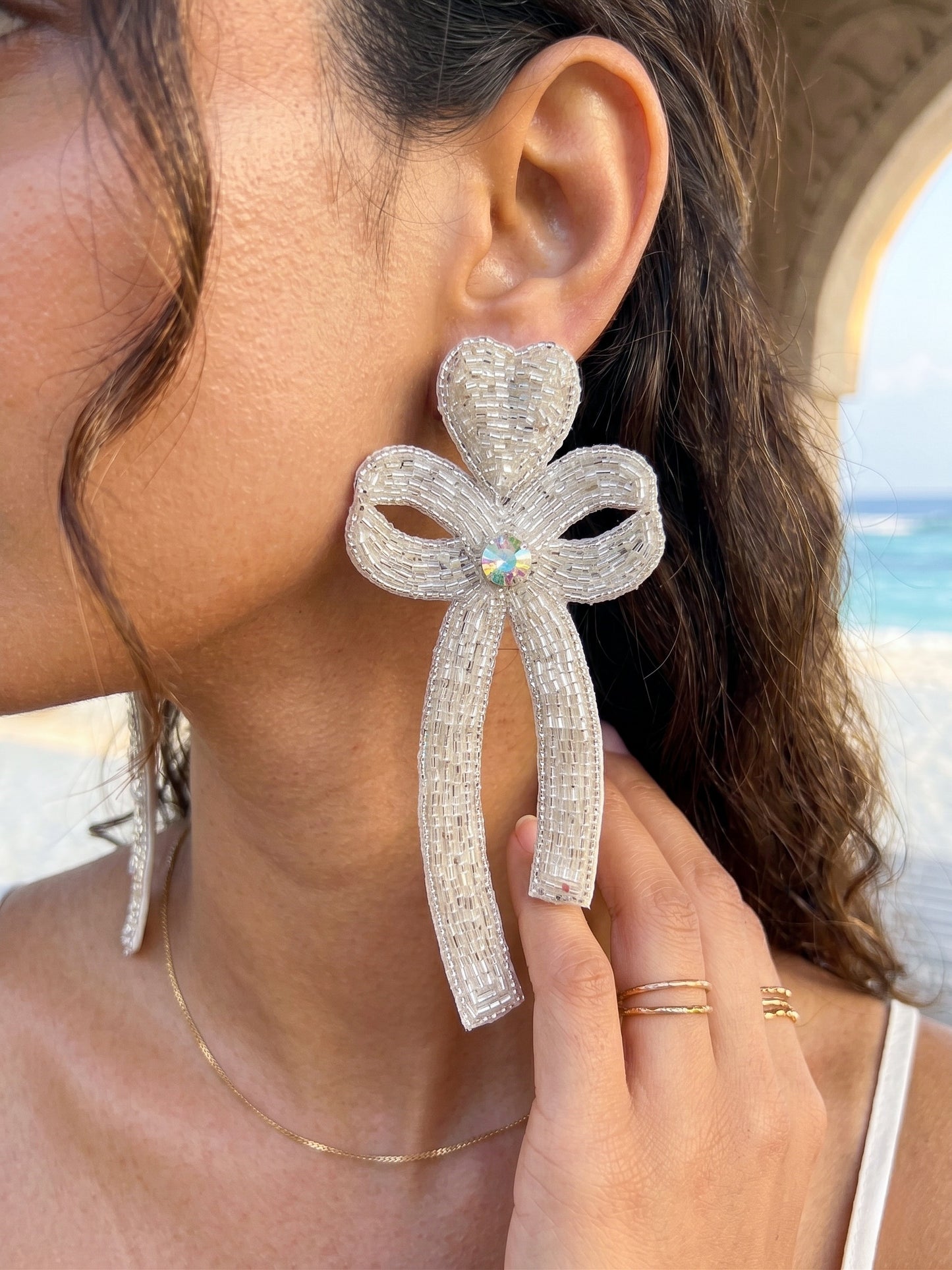 Glam Bow (Silver) Handmade Beaded Earrings