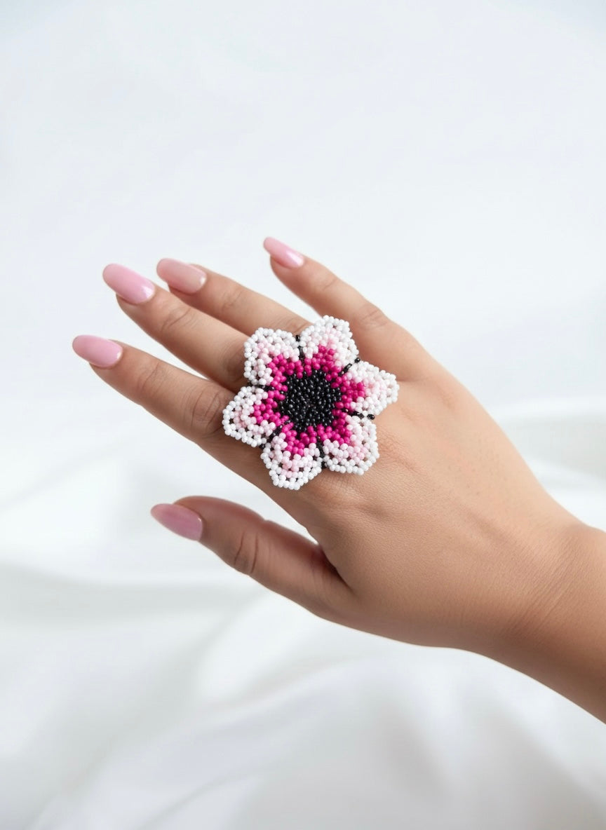 Blossoming Pink Flower Handmade Beaded Ring