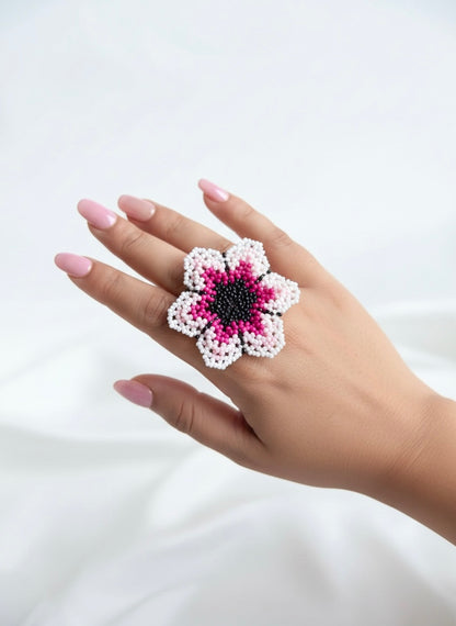 Blossoming Pink Flower Handmade Beaded Ring