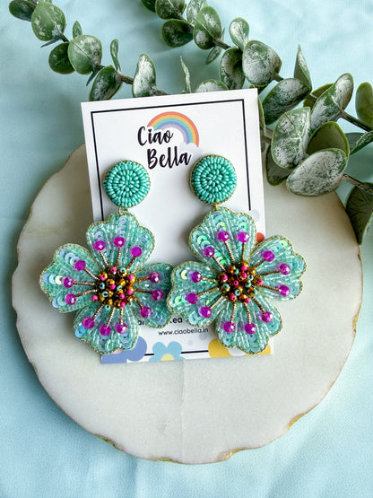 Ocean Teal Glow Blue Flower Handmade Beaded Earrings