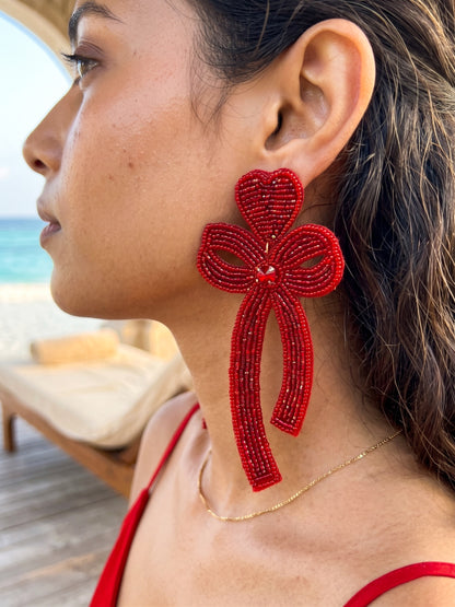 Glam Bow (Deep Red) Handmade Beaded Earrings