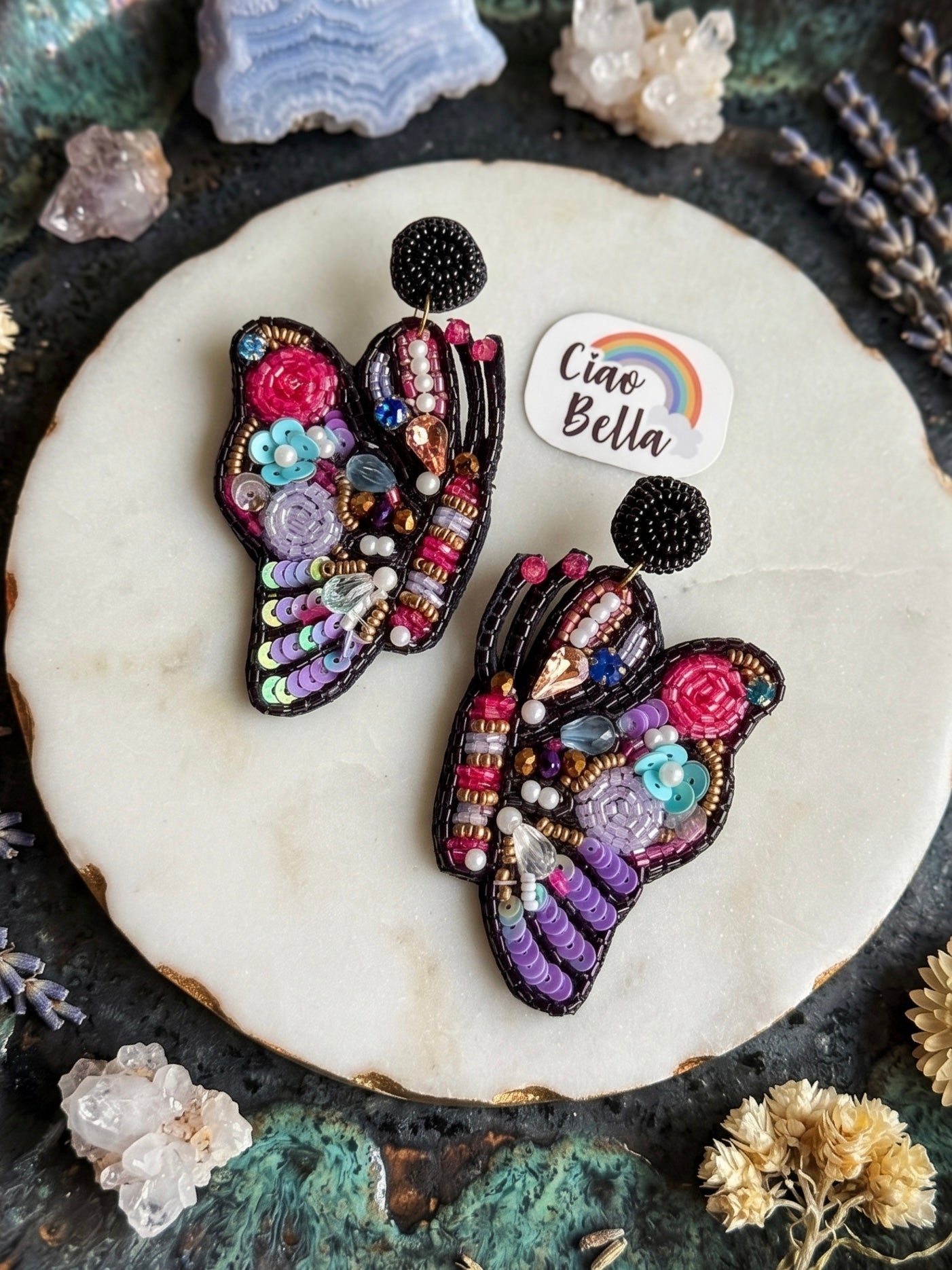 Kaleido Wings Black Handmade Beaded Butterfly Earrings