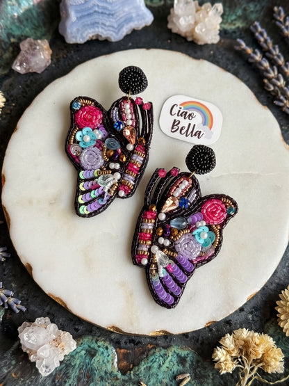 Kaleido Wings Black Handmade Beaded Butterfly Earrings
