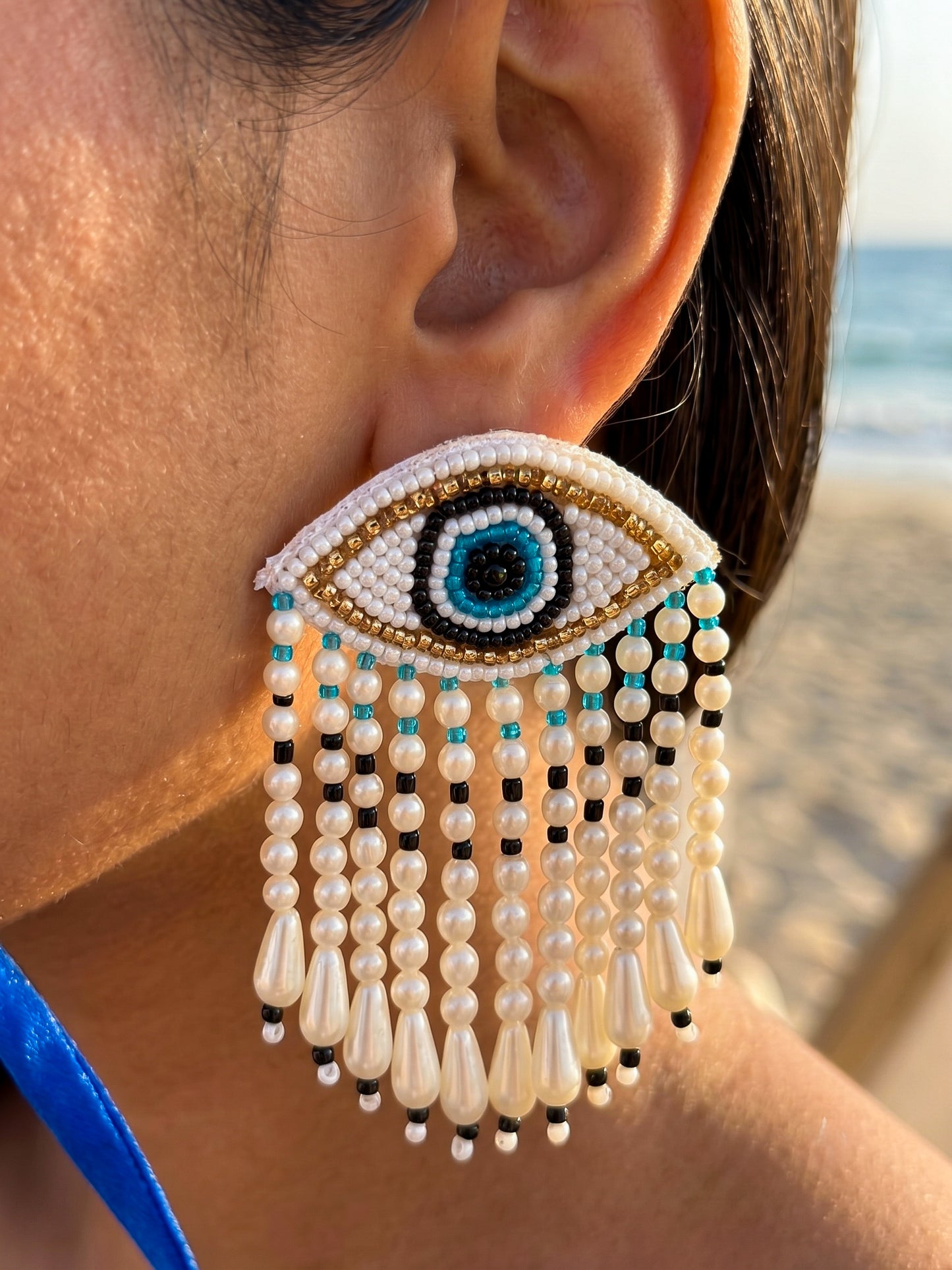 Mystic Evil Eye White Tassel Handmade Beaded Earrings