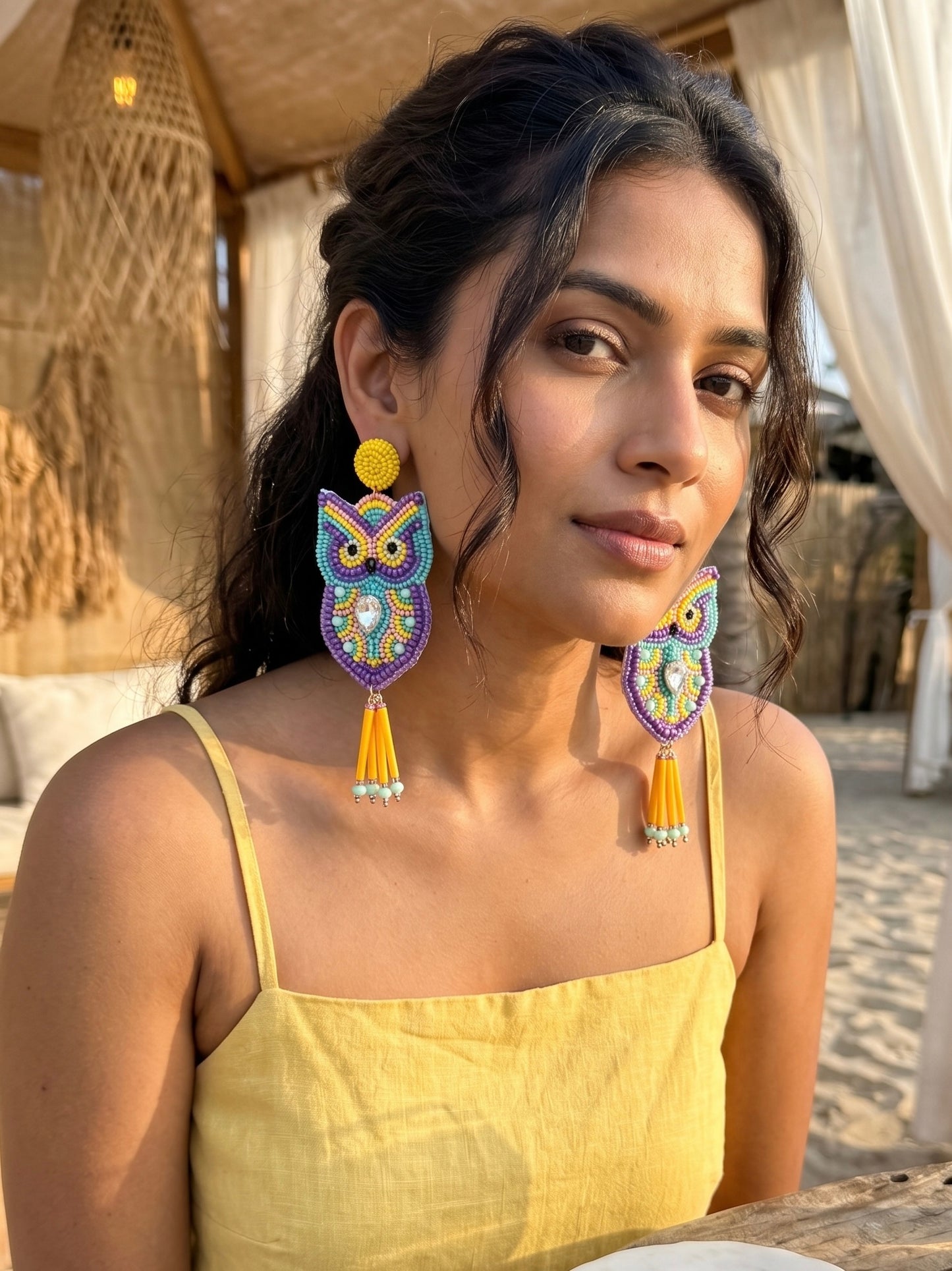Chirpy Owl Yellow Handmade Beaded Bird Earrings