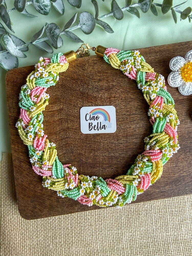 Luxe Flora Green Pink Yellow Handmade Beaded Necklace + Earrings Set