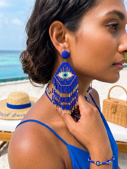 Nazarbattu Blue Evil Eye Handmade Beaded Tassel Earrings