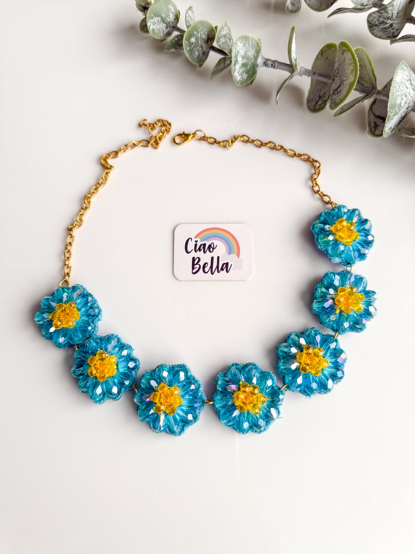 Sparkling Aqua Blue Daisy Handmade Beaded Necklace + Earrings Set