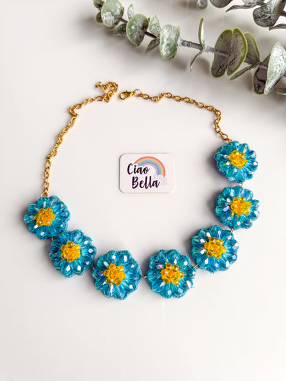 Sparkling Aqua Blue Daisy Handmade Beaded Necklace + Earrings Set
