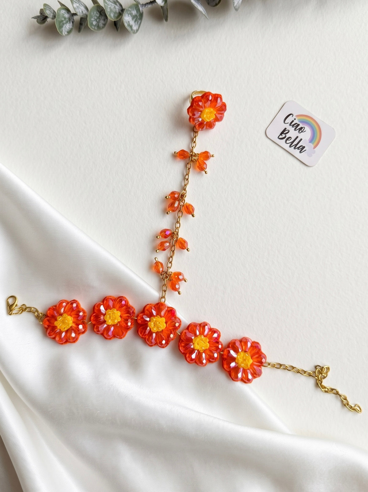 Sparkling Orange Daisy Flower Handmade Beaded Hathphool (Single Hand)