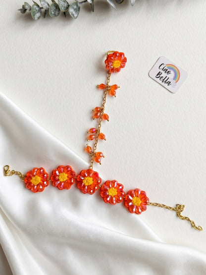 Sparkling Orange Daisy Flower Handmade Beaded Hathphool (Single Hand)