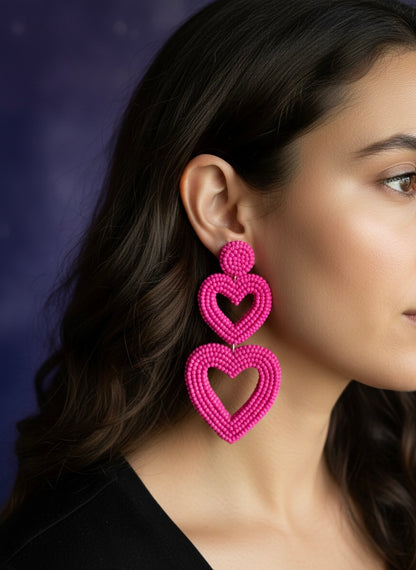 Steal My Love Handmade Beaded Pink Heart Shaped Earrings