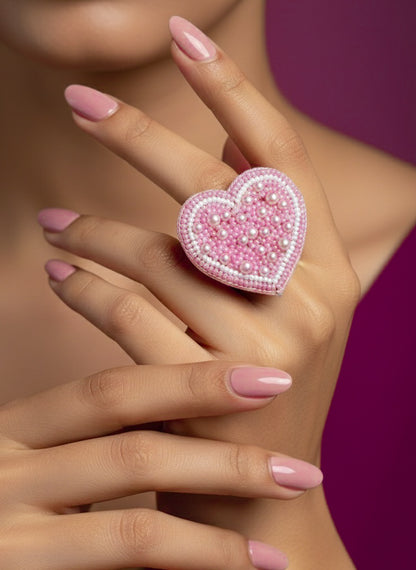 Blushing Pearlheart Handmade Beaded Ring