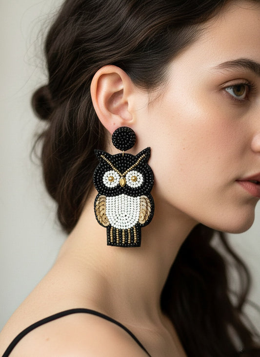 Golden Owl Handmade Beaded Bird Earrings