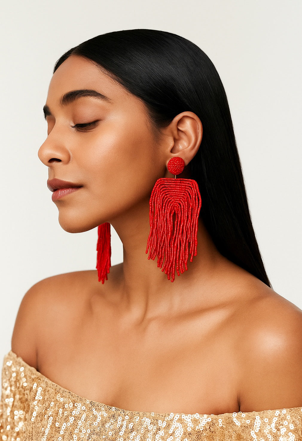 Luxe Crimson Handmade Beaded Tassel Earrings