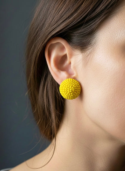 Sunny Yellow Round Handmade Beaded Stud Earrings