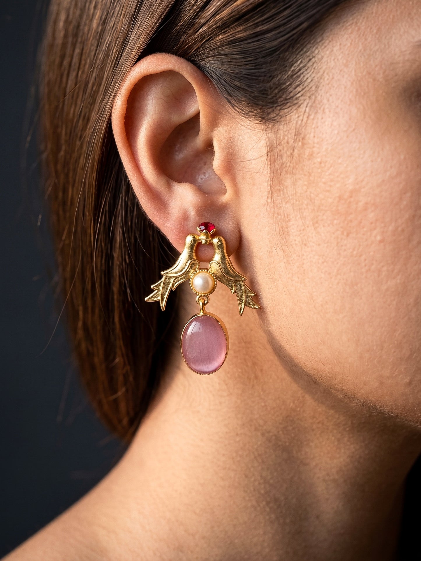 Love Birds Pink Monalisa Stone Handmade Brass Earrings