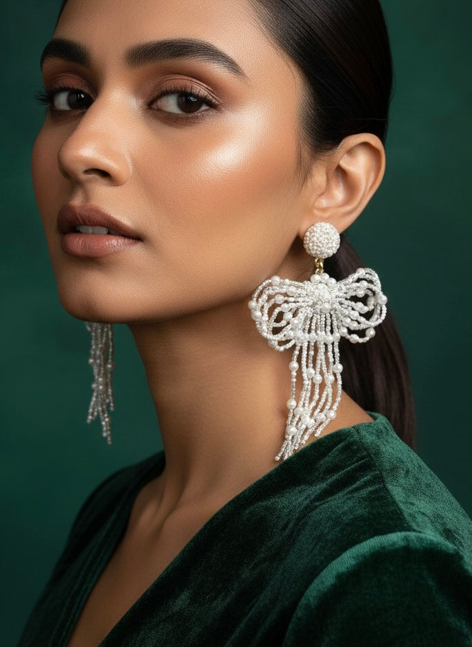 Pookie Bow (White) Handmade Beaded Earrings