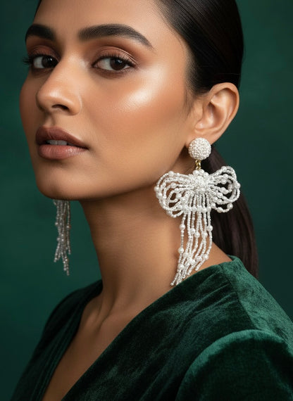 Pookie Bow (White) Handmade Beaded Earrings