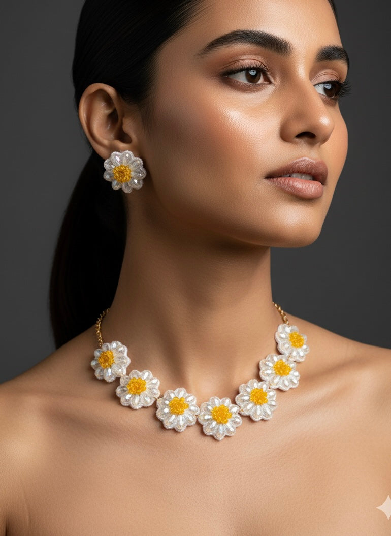 Sparkling White Daisy Handmade Beaded Necklace + Earrings Set