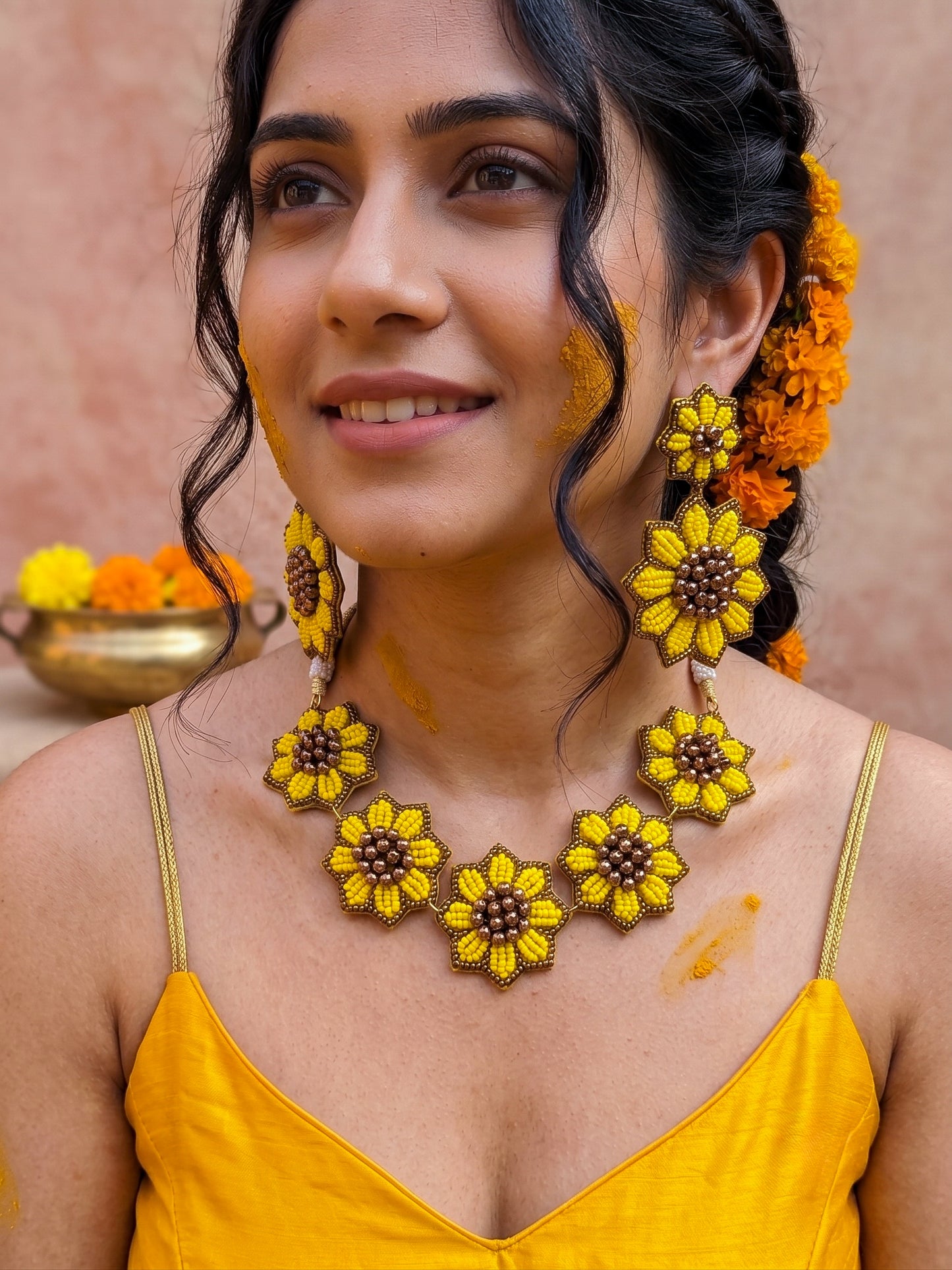 Sunflower Handmade Beaded Necklace + Earrings Set