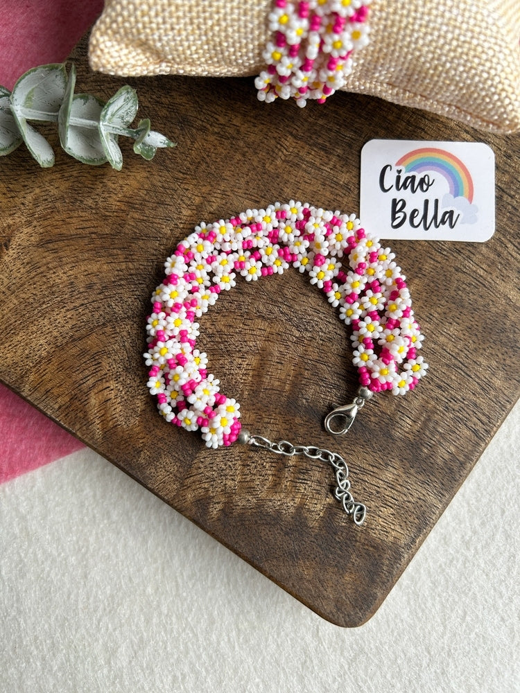 Spring Bloom Pink White Daisy Handmade Beaded Bracelet