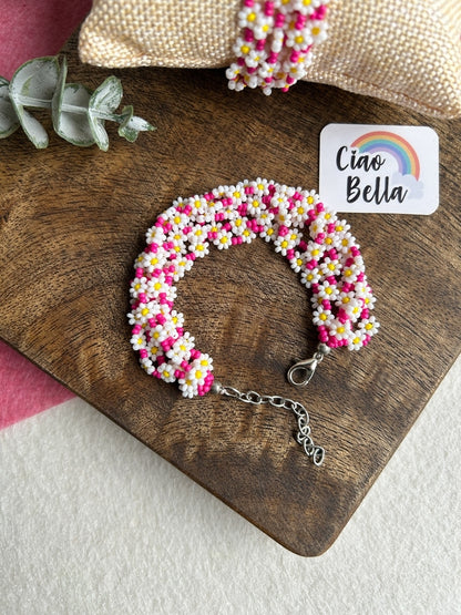 Spring Bloom Pink White Daisy Handmade Beaded Bracelet