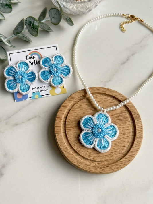 Aqua Blue Blossom Flower Handmade Beaded Necklace + Earrings Set