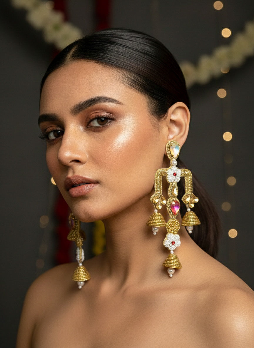 Rajwada Yellow Pink Danglers Handmade Beaded Statement Earrings