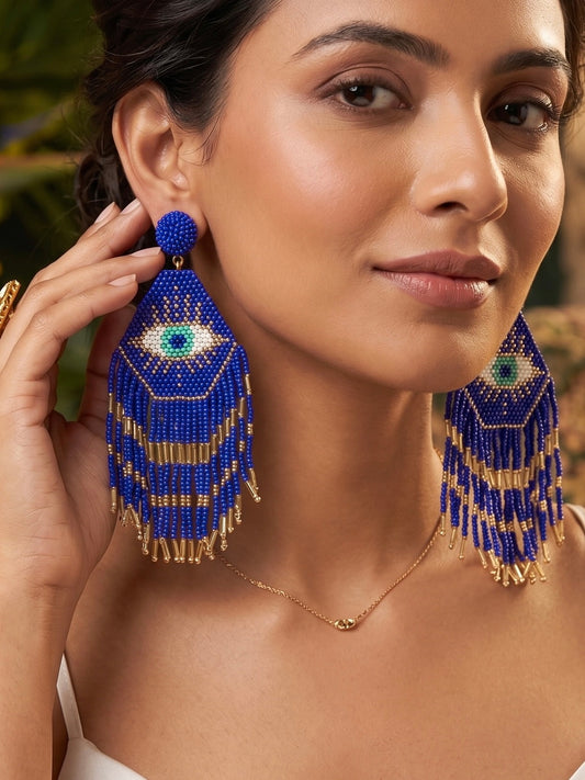 Nazarbattu Blue Evil Eye Handmade Beaded Tassel Earrings