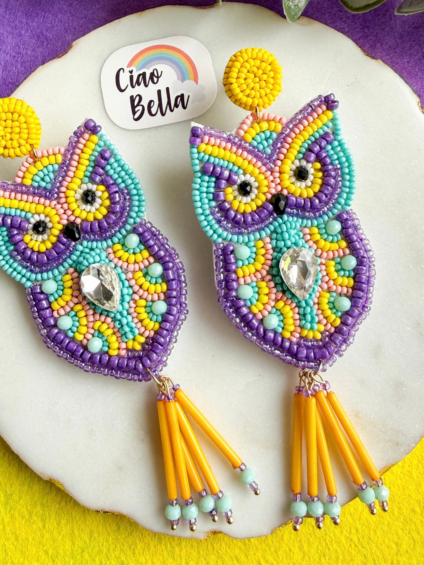 Chirpy Owl Yellow Handmade Beaded Bird Earrings