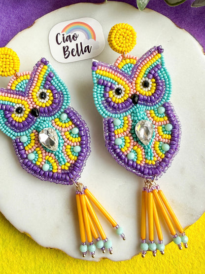 Chirpy Owl Yellow Handmade Beaded Bird Earrings