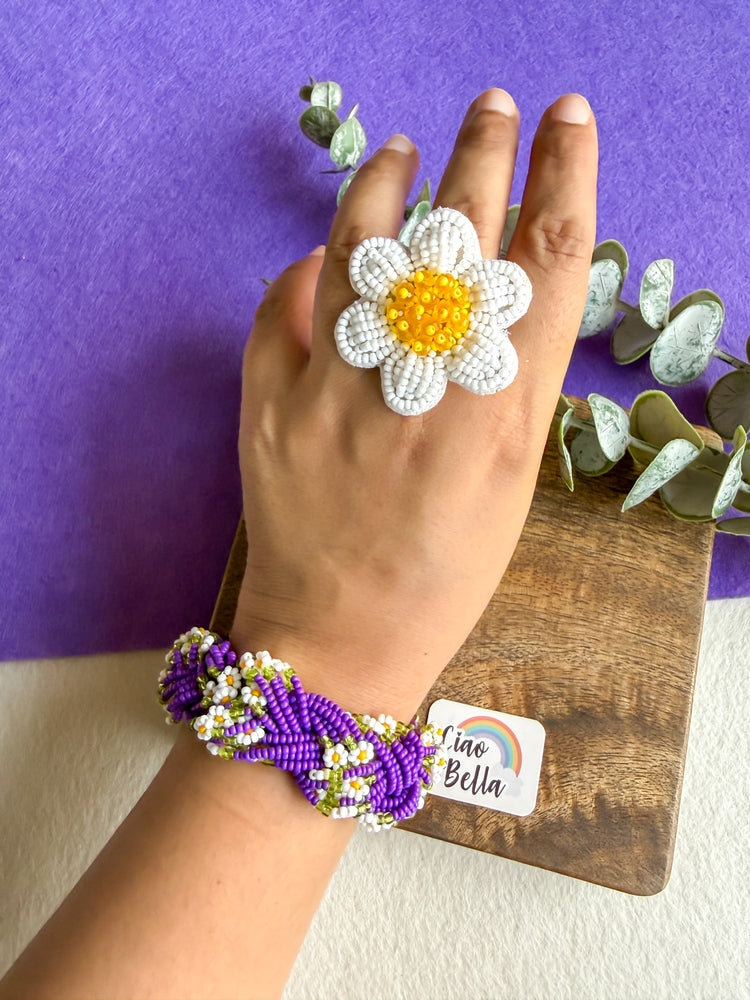 Luxe Flora Purple Handmade Beaded Bracelet + Ring Combo