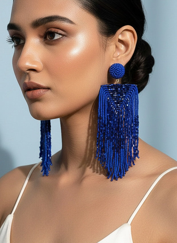 Luxe Midnight Blue Handmade Beaded Tassel Earrings