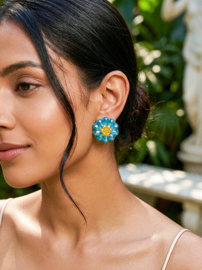 Sparkling Turquoise Blue Flower Handmade Beaded Stud Earrings