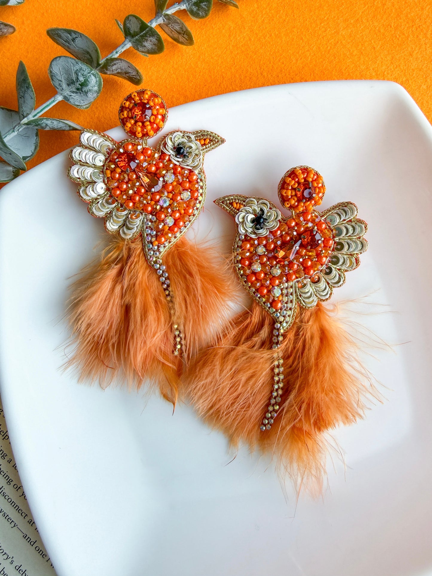 Glamorous Orange Birdies Handmade Beaded Bird Earrings