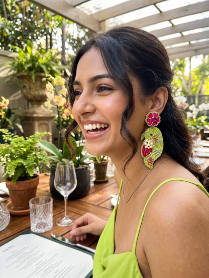 Blooming Birdie Lime Green Pink Handmade Beaded Earrings