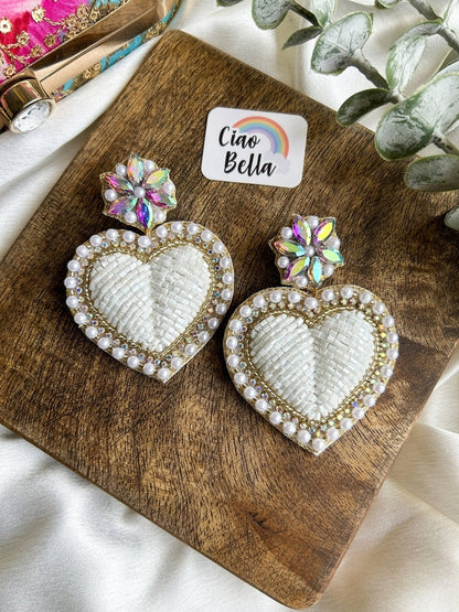Ishqiya White Heart Drop Handmade Beaded Earrings