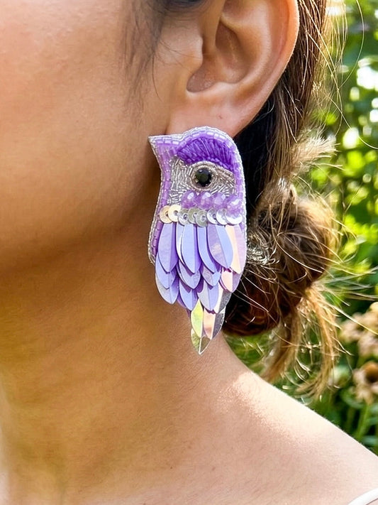 Chirpy Lilac Purple Parrot Handmade Beaded Bird Earrings
