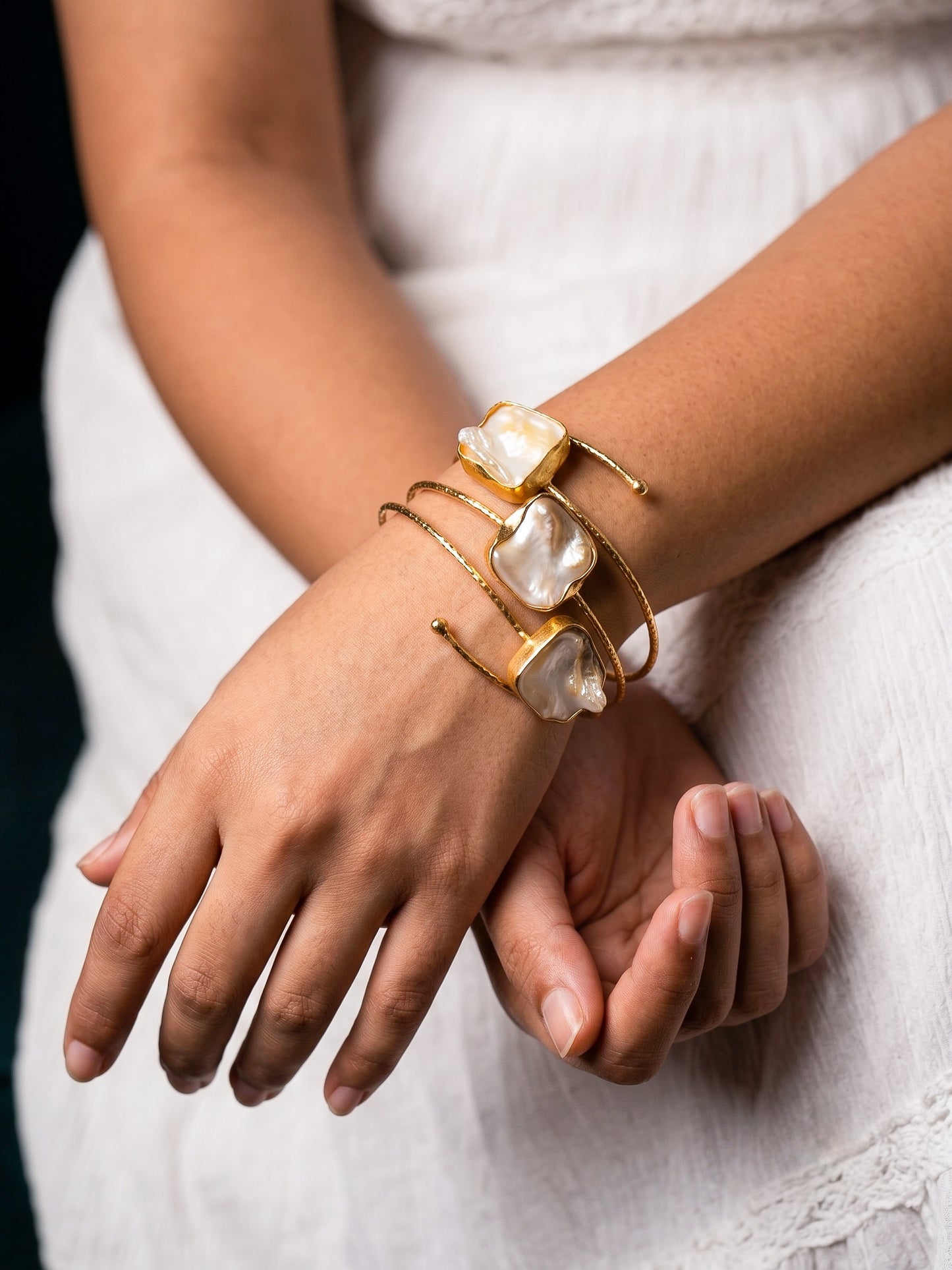 Golden Tide Mother of Pearl Handmade Brass Cuff Bracelet