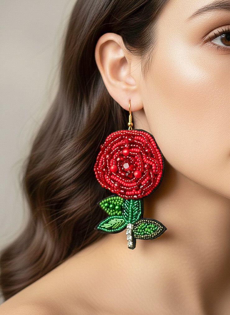 Rosabelle Handmade Beaded Rose Flower Earrings