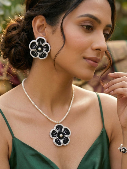 Twilight Black Blossom Flower Handmade Beaded Necklace + Earrings Set