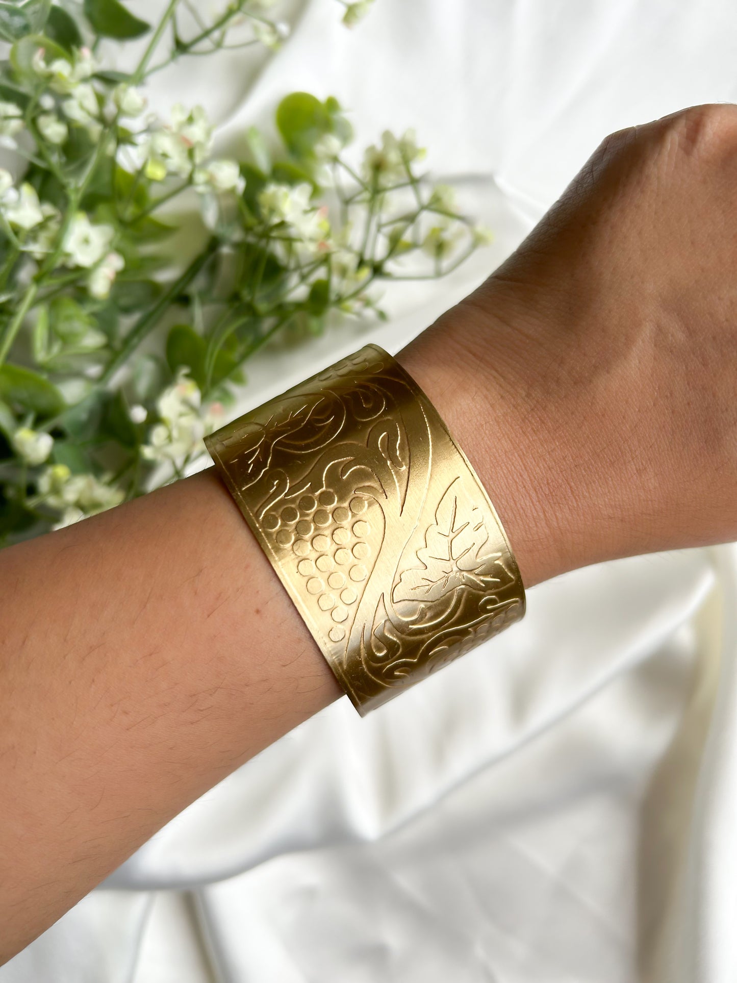 Vintage Flora Brass Cuff Bracelet