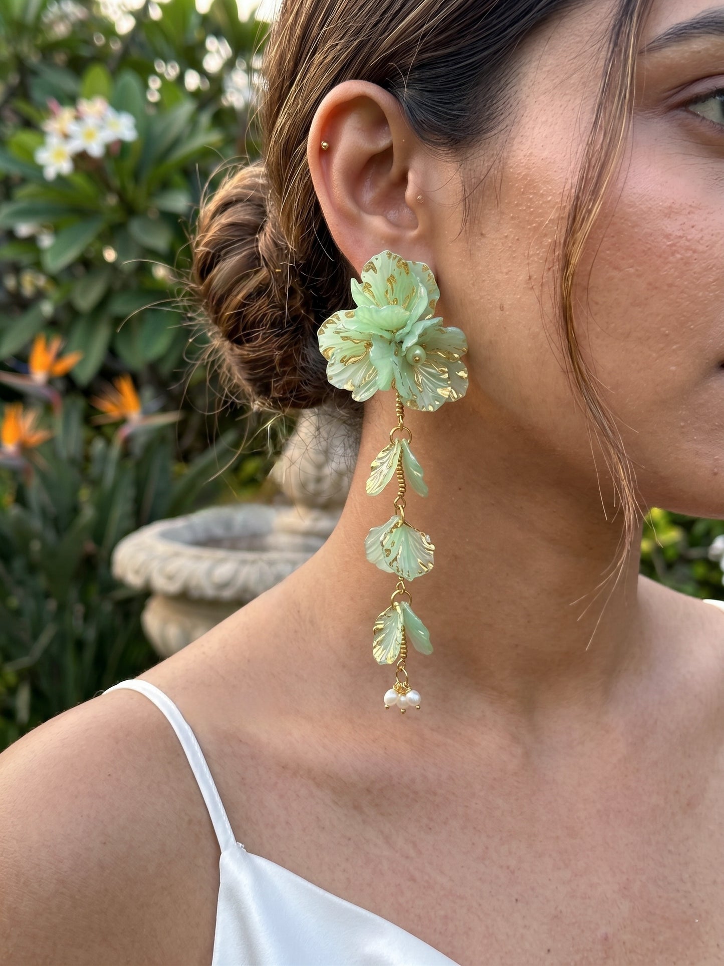 Aurelia Flower Mint Green Statement Handmade Beaded Earrings