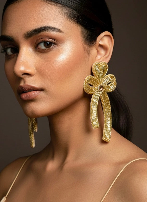 Glam Bow (Gold) Handmade Beaded Earrings