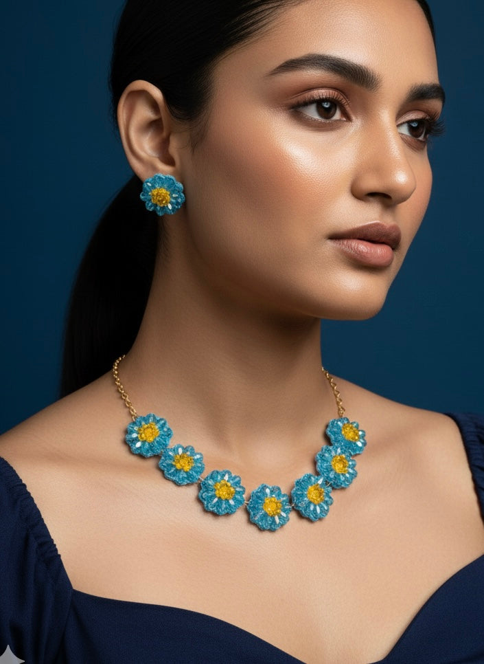 Sparkling Aqua Blue Daisy Handmade Beaded Necklace + Earrings Set
