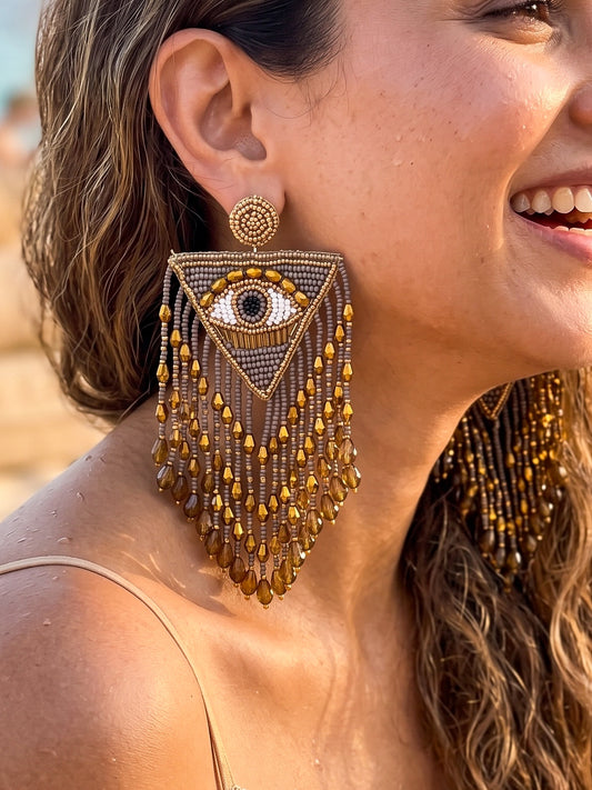 Luxe Evil Eye Bronze Handmade Beaded Tassel Earrings