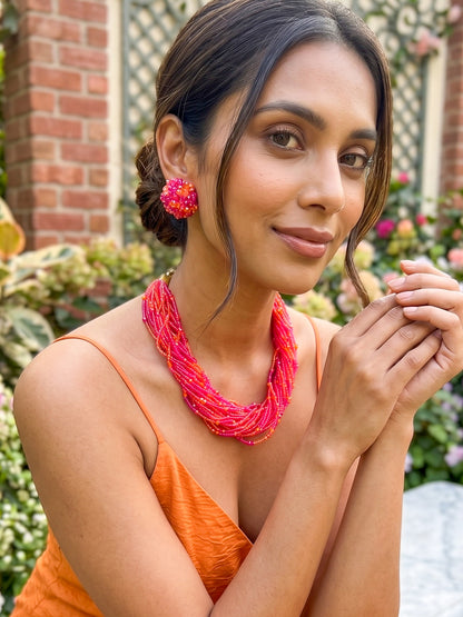 Gulnar Pink Orange Handmade Beaded Necklace + Earrings Set
