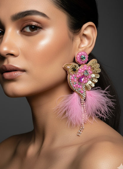 Glamorous Pink Birdies Handmade Beaded Bird Earrings